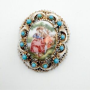 Vintage Florenza Woman Friendship Antiqued White Faux Turquoise Brooch